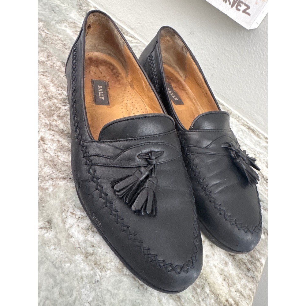 Bally Chancy‎ Calfskin Leather Tassel Loafers Black Men's 10.5 D Made in Italy